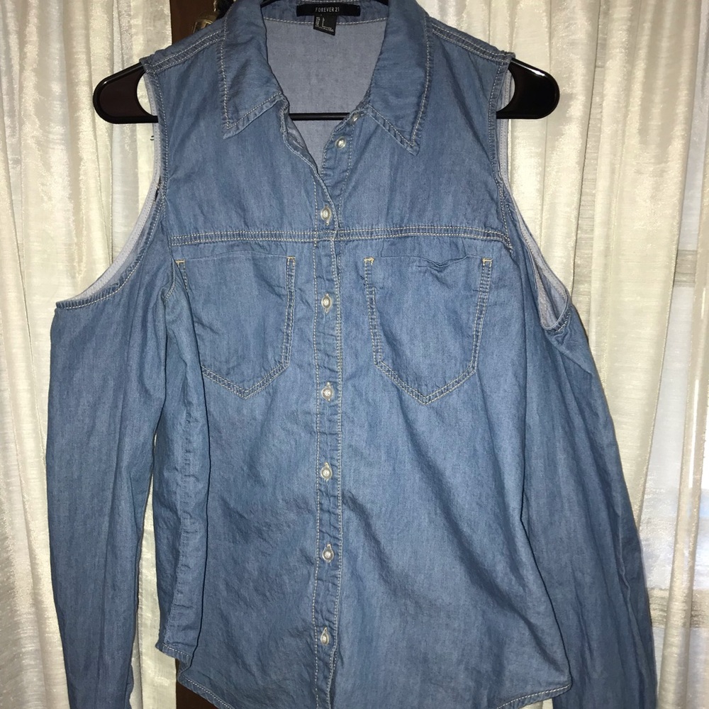 Cold shoulder denim button down shirt